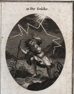 Allegorie der Gefahr, dargestellt durch einen jungen Mann, der einem schnellen Strom entkommt, indem er auf eine Schlange tritt, die ihn sticht, während gleichzeitig ein Blitz hinter ihm einschlägt. Gravur in „Iconologie oder Ideen aus dem Gebiete der Leid von Austrian School