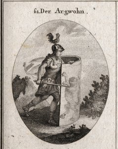 Allegorie des Verdachts, versteckt hinter einem Schild, auf dem ein Löwe steht, Symbol des Verdachts nach Aristoteles, und ein Hahn auf dem Helm, der Wachsamkeit darstellt. Gravur in "Iconologie oder Ideen aus dem Gebiete der Leidenschaften und Allegorien 