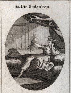 Allegorie der Gedanken, dargestellt mit Flügeln am Kopf und einem Bündel verwickelter Fäden, Bild des Durcheinanders, das die verschiedenen Gedanken verursachen. Gravur in „Iconologie oder Ideen aus dem Gebiete der Leidenschaften und Allegorien bildlich da von Austrian School