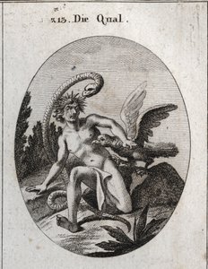 Allegorie der Qual. Ihr Kopf ist von Dornen umgeben, was die Qualen des Geistes bedeutet. Die Schlange sagt, dass die Angst vor der Gefahr sie noch furchterregender macht. Ein Geier frisst ihr Herz. Gravur in „Iconologie oder Ideen aus dem Gebiete der Leid von Austrian School