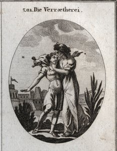 Allegorie des Verrats. Eine schreckliche alte Frau streichelt einen hübschen jungen Mann und bereitet sich gleichzeitig darauf vor, ihn zu erstechen. Gravur in „Iconologie oder Ideen aus dem Gebiete der Leidenschaften und Allegorien bildlich dargestellt fü