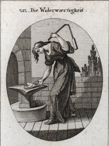 Allegorie der Trübsal. Sie hält ein Herz auf einem Amboss und schlägt es mit einer kleinen Blume, um zu zeigen, dass Trübsal alles Grobe und Unreine wegnimmt. Gravur in „Iconologie oder Ideen aus dem Gebiete der Leidenschaften und Allegorien bildlich darge von Austrian School
