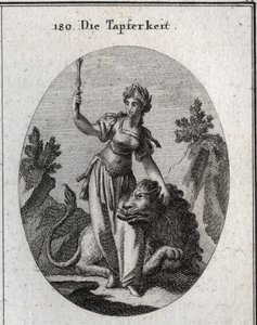 Allegorie des Wertes, gekrönt mit Lorbeer, sie streichelt einen von ihr gezähmten Löwen. Das hohe Zepter bedeutet, dass ihr Mut sie würdig macht zu befehlen. Gravur in „Iconologie oder Ideen aus dem Gebiete der Leidenschaften und Allegorien bildlich darges