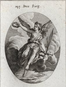 Allegorie des Sieges. Sie hat Flügel und hält eine Palme und einen Lorbeerkranz. Gravur in „Iconologie oder Ideen aus dem Gebiete der Leidenschaften und Allegorien bildlich dargestellt für Zeichner, Maler, Dichter, Gelehrte, Erzieher und Freunde Höherer Ge von Austrian School