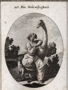 Allegorie der Gefräßigkeit. Der Strauß ist das Attribut der Gier, wir fügen einen mageren und hungrigen Wolf für eine größere Gefräßigkeit hinzu. Gravur in „Iconologie oder Ideen aus dem Gebiete der Leidenschaften und Allegorien bildlich dargestellt für Ze