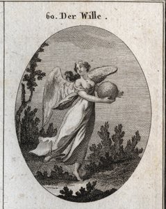 Allegorie des Willens. Sie ist geflügelt dargestellt und hält eine Kugel in verschiedenen Farben. Gravur in „Iconologie oder Ideen aus dem Gebiete der Leidenschaften und Allegorien bildlich dargestellt für Zeichner, Maler, Dichter, Gelehrte, Erzieher und F von Austrian School