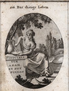 Allegorie des Arbeitslebens, die im Schatten eines Weinstocks sitzt. Sie wird dargestellt, wie sie sich darauf vorbereitet, in einem Teich zu essen und mit ihrem Fuß ein Kind zu wiegen. Pfluginstrumente sind neben ihr platziert. Gravur in „Iconologie oder 