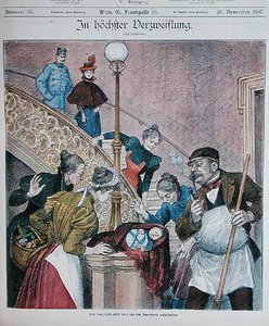 Titelblatt einer österreichischen Zeitschrift, das ein auf einer Treppe eines Wohnblocks ausgesetztes Baby zeigt, 28. November 1897 von Austrian School