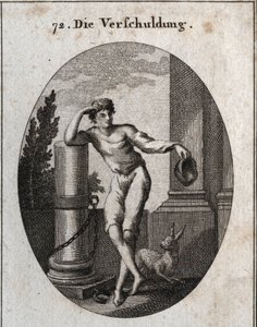 Allegorie der Schulden. Der Hase und die grüne Kappe, die er hält, sowie die Kette, die an der ruinierten Säule befestigt ist, sind die Embleme, die anzeigen, dass der Schuldner immer Angst hat, dass der Insolvente ihm seine Ehre oder Freiheit nimmt. Gravu