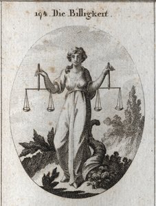 Allegorie der Gerechtigkeit, die zwei Waagen auf gleicher Höhe hält. Ihr Attribut ist das Füllhorn, um zu zeigen, dass sie mit Güte belohnt, nachdem sie gerecht gerichtet hat. Gravur in „Iconologie oder Ideen aus dem Gebiete der Leidenschaften und Allegori