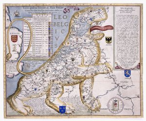 Leo Belgicus, zeigt die Niederlande in Form eines Löwen, 1586