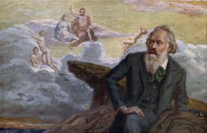 Postkarte mit Johannes Brahms, der seine 1. Symphonie Op.68 komponiert, ca. 1900 von Austrian School
