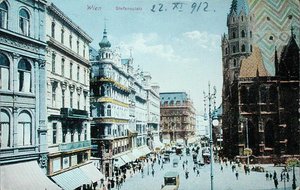 Postkarte, die den Stephansplatz und den Stephansdom in Wien darstellt
