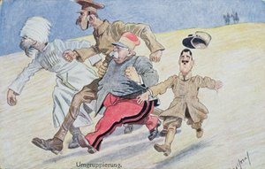 Regrouping, Russland, Großbritannien, Frankreich und Italien fliehen vor den Österreichern und Deutschen am Horizont, Postkarte aus dem Ersten Weltkrieg von Austrian School