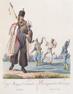 Soldaten eines ungarischen Regiments führen einen Rekrutierungstanz auf, Illustration aus einem Buch Costumes de Hongrie, veröffentlicht in Wien, 1810 von Austrian School