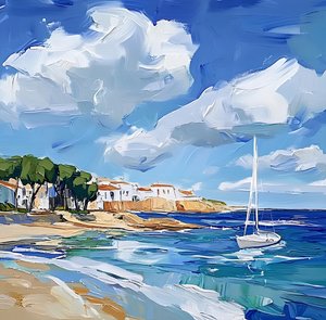 Mediterraner Strand mit Segelboot