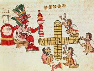 Glücksspiel Patoli und der Gott Xochipilli, aus dem Codex Magliabechiano