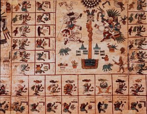 Darstellung aztekischer Gottheiten und Kästchen des Kalenders. Seite des aztekischen Manuskripts auf Rinde „Codex Borbonicus“, präkolumbianischer indigener Kodex aus Zentralmexiko, Ende des 15. Jahrhunderts. Bibliothek der Nationalversammlung (Palais Bourb