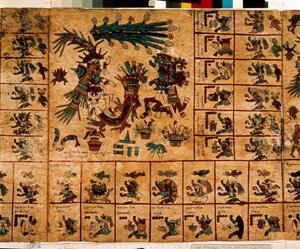 Darstellung aztekischer Gottheiten und Kästchen des Kalenders. Seite des aztekischen Manuskripts auf Rinde 