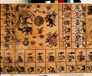 Darstellung aztekischer Gottheiten und Kästchen des Kalenders. Seite des aztekischen Manuskripts auf Rinde 