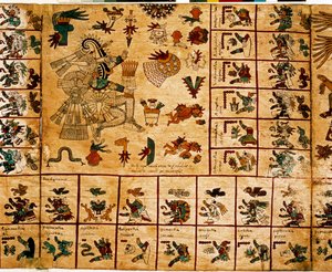 Darstellung aztekischer Gottheiten und Kalenderkästchen. Seite des aztekischen Manuskripts auf Rindenpapier „Codex Borbonicus“, präkolumbianischer indigener Kodex aus Zentralmexiko, Ende des 15. Jahrhunderts. Bibliothek der Nationalversammlung (Palais Bour