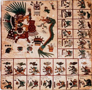 Darstellung von Quetzalcoatl und Tezcatlipoca, aztekische Gottheiten und Kästchen des Kalenders. Seite des aztekischen Manuskripts auf Rinde 
