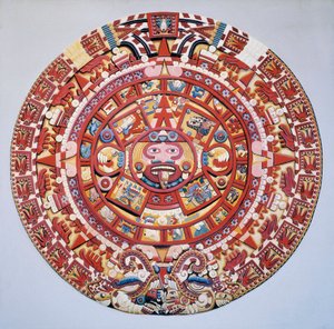 Präkolumbianische Zivilisation: Der Aztekenkalender (Stein der Sonne): Scheibe, die den Aztekenkalender und die Kosmogonie darstellt (Tonalpohualli) von Aztec Aztec