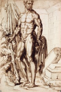 Herkules, nach links gewandt, lehnt sich auf seine Keule und hält ein Tuch, bei den Ruinen eines Tempels von Baccio Bandinelli