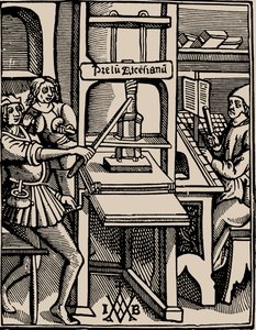 Prelum Ascensianum: Druckerzeichen mit der Druckerpresse in Betrieb, 1508 von Badius