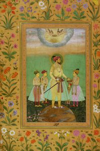 Shah Jahan (1592-1666) steht auf einem großen Globus, umgeben von seinen vier Kindern, aus dem Minto-Album