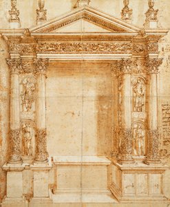 Entwurf für einen Altar mit einem Giebel-Tabernakel, unterstützt von gepaarten korinthischen Statuen von St. Lucia, St. Agnes, St. Ansanus und St. Stephan in Nischen dazwischen