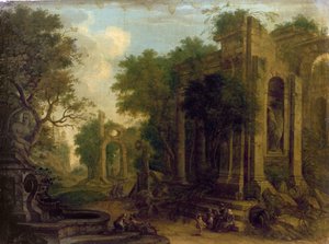 Waldlandschaft mit Reisenden, die sich bei klassischen Ruinen ausruhen