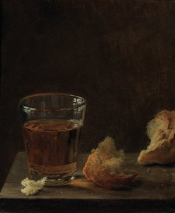 Ein Glas Bier und ein Brötchen auf einem Tisch von Balthasar Denner