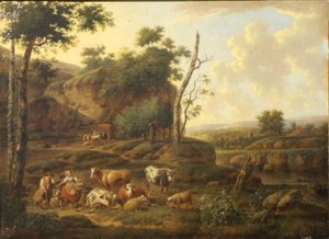 Landschaft mit Figuren und Tieren