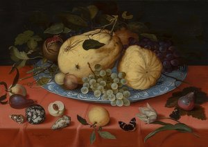 Früchte-Stillleben mit Muscheln und Tulpe