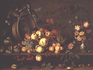 Stillleben mit Früchten, Blumen und Papageien, frühe 1620er Jahre von Balthasar van der Ast