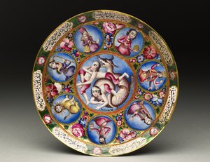 Schüssel mit Deckel, Untertasse und Löffel mit astrologischer Dekoration, frühes 19. Jh.