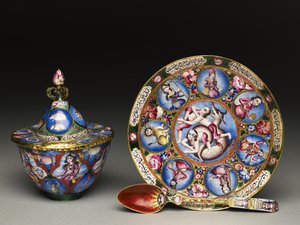 Gedeckter Schüssel, Untertasse und Löffel mit astrologischer Dekoration, frühes 19. Jahrhundert