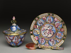 Gedeckter Schüssel, Untertasse und Löffel mit astrologischer Dekoration, frühes 19. Jahrhundert