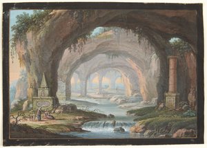 Landschaft mit durchbrochenen Grotten, Grabdenkmälern, einem Fluss und Figuren
