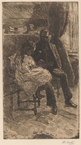 Innenraum mit einem Mann und einem Mädchen, die zusammen ein Buch lesen von Barbara Elisabeth van Houten (signed by artist)