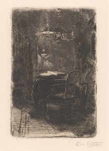 Interieur mit Spiegel und Tisch mit aufgeschlagenem Buch