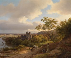 Ein Schloss zwischen Bäumen an einem Fluss von Barend Cornelis Koekkoek
