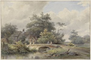 Landschaft mit Steinbrücke bei einem Haus von Barend Cornelis Koekkoek