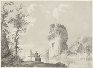 Flusslandschaft mit Turm und Angler