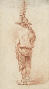 Stehender Bauer mit Rechen und Krug über der Schulter, von hinten gesehen von Barend Cornelis Koekkoek