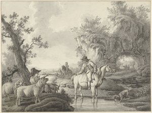 Landschaft mit einem Schäfer und einem Reiter bei einem Teich von Barend Hendrik Thier