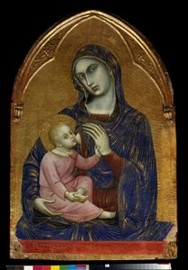 Die Jungfrau und das Kind. Maria stillt Jesus Christus, der eine Korallenkette trägt von Barnaba da Modena