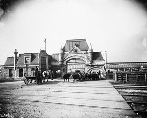 Union Stock Yards Tor an der Exchange Avenue, Chicago, Illinois, USA, ca. 1905 (s/w Foto)