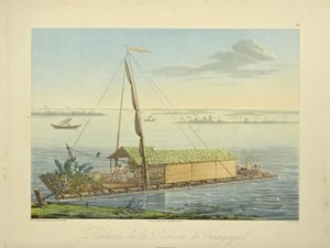 Floß auf dem Fluss Guayaquil, gezeichnet von Marchais, graviert von Bouquet, Illustration aus "Vues des Cordillères et Monumens des Peuples Indigènes de l